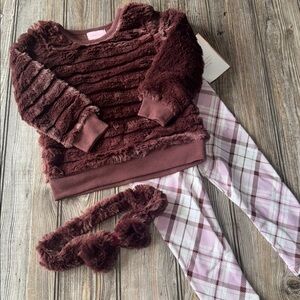 Lucky penny set Plush Burgundy brown Sweater Plaid Leggings headband NEW 2t